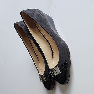 Coach Meryl Black Logo Wedge Pumps With Patten Leather Cap Toe Size 8.5B